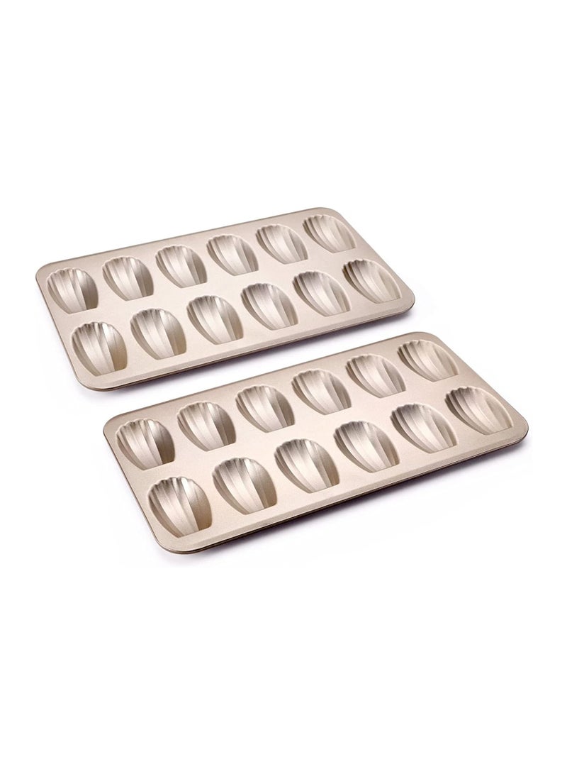 Bukela Nonstick Madeleine Pan 2 Pack 12-Cavity Heavy Duty Madeleine Cookies Trays for Oven Baking, Warp Resistant Shell Shape Madeleine Mold Cake Pan, Champagne Gold - Image 1