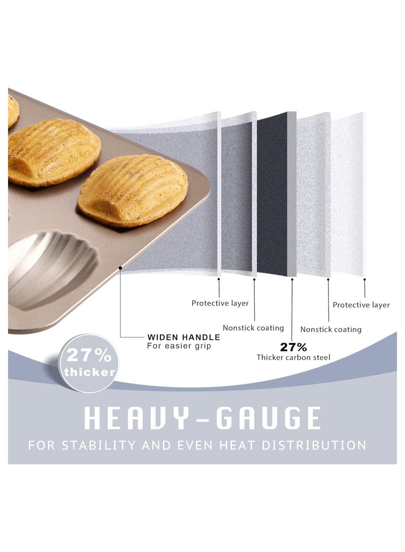 Bukela Nonstick Madeleine Pan 2 Pack 12-Cavity Heavy Duty Madeleine Cookies Trays for Oven Baking, Warp Resistant Shell Shape Madeleine Mold Cake Pan, Champagne Gold - Image 4