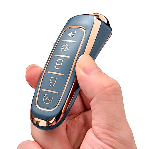 ELOHEI Key Fob Cover for Ford C-Max Edge Escape Expedition Explorer Flex Focus Taurus Lincoln MKS MKT MKX Premium Soft TPU 360 Degree Full Protection Key Case (Gold Edge Grey) - Image 5