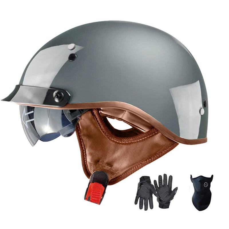 Motorcycle Half Helmet with Retractable Inner Sun Shade Quick Release Buckle DOT Approved Half Face Cycling Helmets for Men Women Adult Gray XLarge