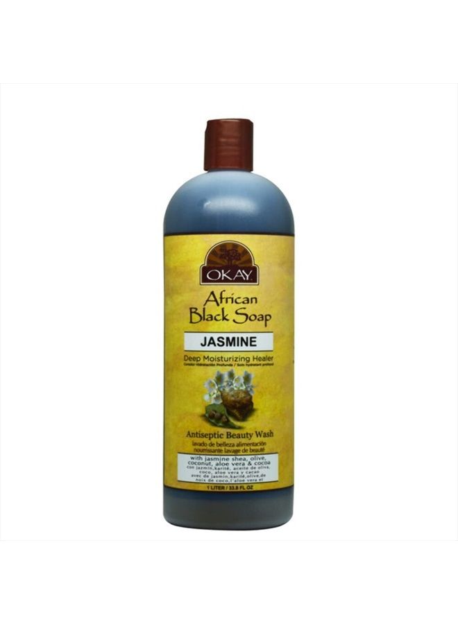 OKAY African Black Soap Liquid with Jasmine For Cleansing&Treating Skin Conditions Helps Achieve Beautiful,Healthier Looking Skin Sulfate,Silicone,Paraben Free For All Skin Types Made in USA 33oz