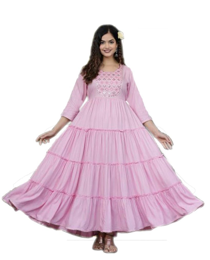 LAVANDIS Women Printed Rayon Anarkali Kurta for Girls Regular Wear Long Gown Pink - Image 1
