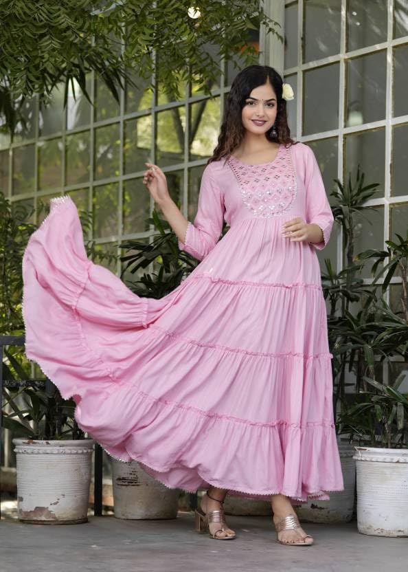 LAVANDIS Women Printed Rayon Anarkali Kurta for Girls Regular Wear Long Gown Pink - Image 3
