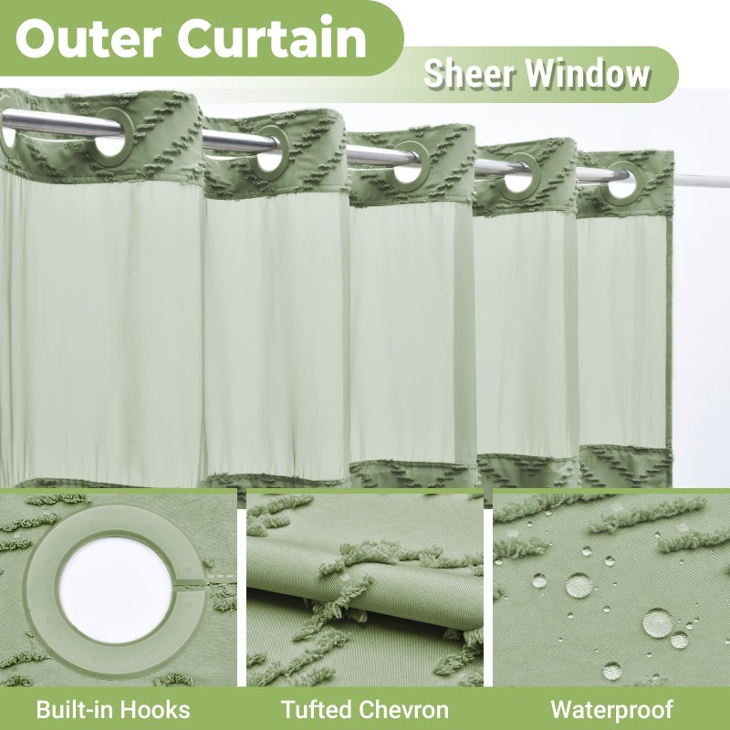 WONICY No Hook Shower Curtain with Snap in Liner, Tufted Chevron Striped Shower Curtain Set for Bathroom, Boho Waterproof and Washable Shower Curtains,71Wx74H, Sage Green - Image 4