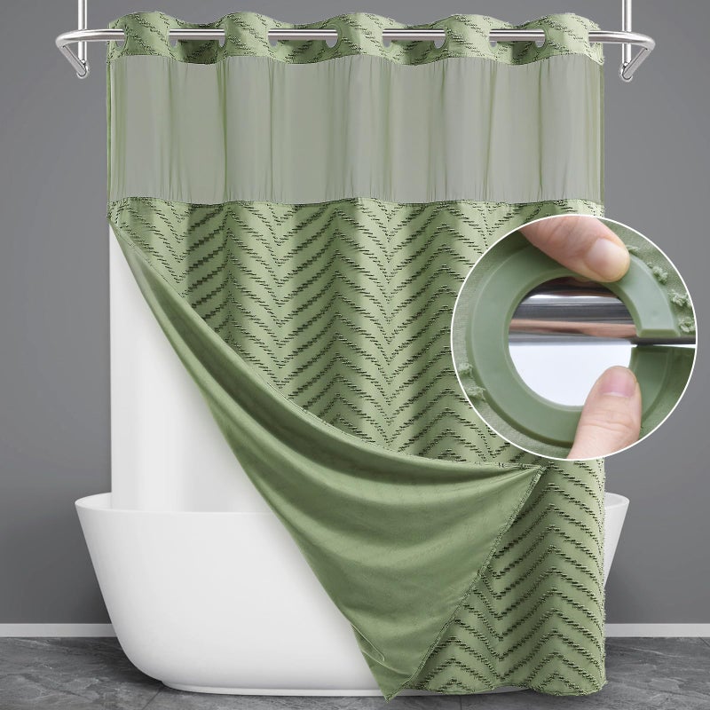 WONICY No Hook Shower Curtain with Snap in Liner, Tufted Chevron Striped Shower Curtain Set for Bathroom, Boho Waterproof and Washable Shower Curtains,71Wx74H, Sage Green - Image 1
