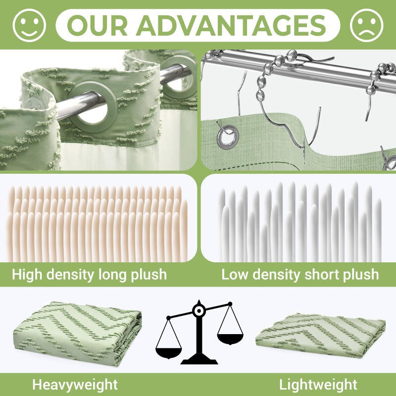 WONICY No Hook Shower Curtain with Snap in Liner, Tufted Chevron Striped Shower Curtain Set for Bathroom, Boho Waterproof and Washable Shower Curtains,71Wx74H, Sage Green - Image 2