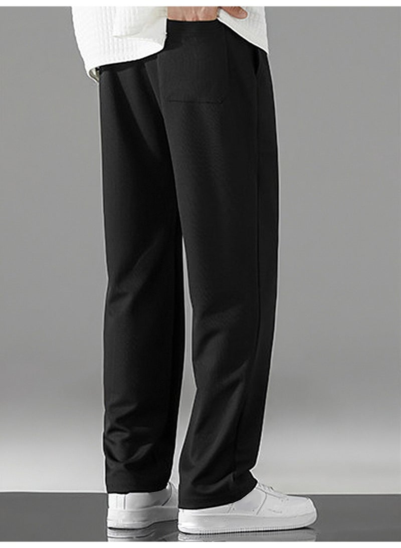 Men's Black Straight Leg Pants Loose Fit Drawstring Casual Trousers - Image 3