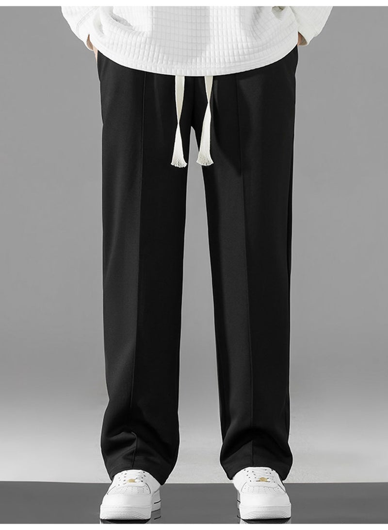 Men's Black Straight Leg Pants Loose Fit Drawstring Casual Trousers - Image 2