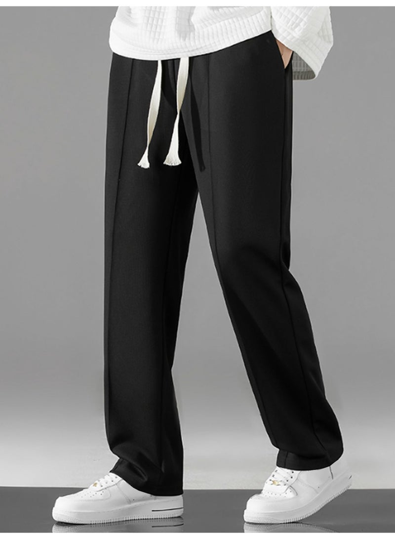 Men's Black Straight Leg Pants Loose Fit Drawstring Casual Trousers - Image 1