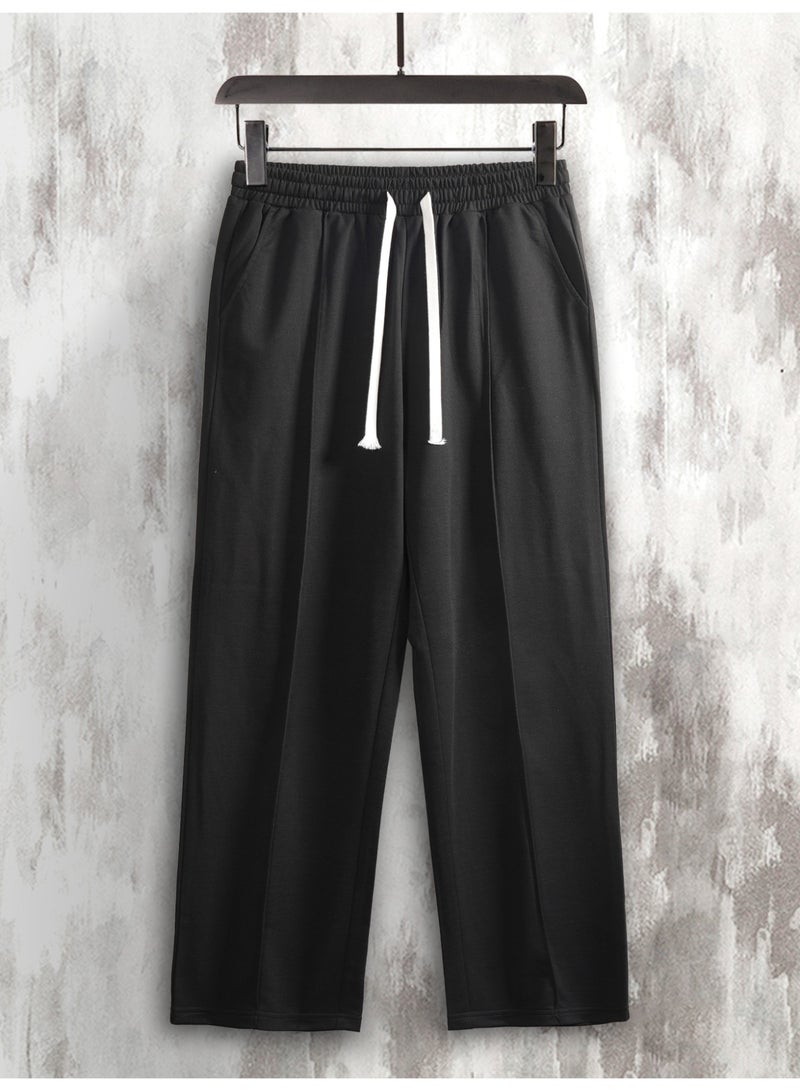 Men's Black Straight Leg Pants Loose Fit Drawstring Casual Trousers - Image 5
