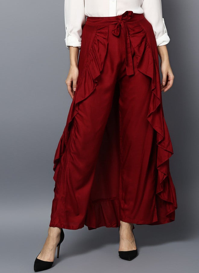 StyleStone Women Maroon Solid Ruffled Flared Maxi Skirt - Image 1