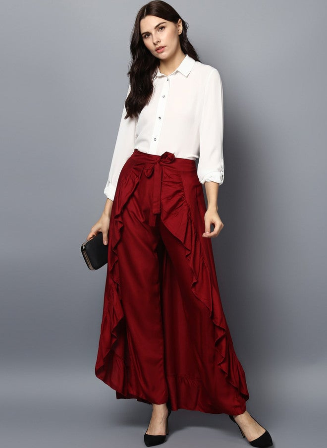 StyleStone Women Maroon Solid Ruffled Flared Maxi Skirt - Image 5