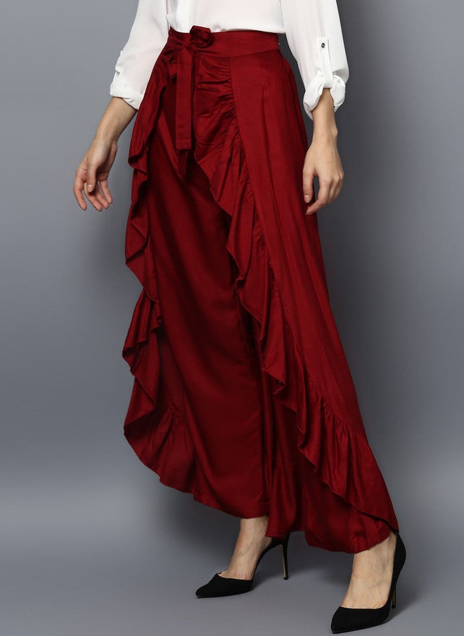 StyleStone Women Maroon Solid Ruffled Flared Maxi Skirt - Image 3