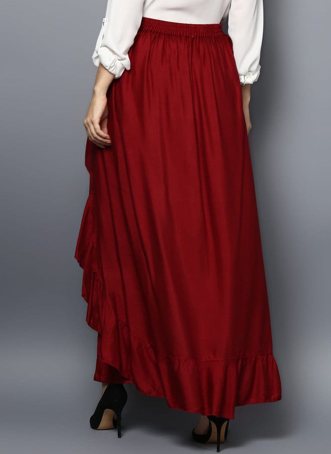 StyleStone Women Maroon Solid Ruffled Flared Maxi Skirt - Image 4