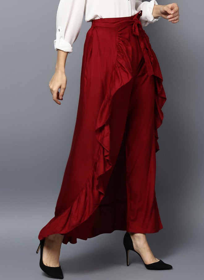 StyleStone Women Maroon Solid Ruffled Flared Maxi Skirt - Image 2