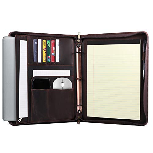 YIWEN Handmade Crazy-Horse Leather 3-Ring Binder Portfolio Vintage Padfolio, Zippered Closure, Business Organizer Tablet Folio Folder,Professional Organizer Gift for Men & Women (Dark Brown, Non-Custom) - Image 1