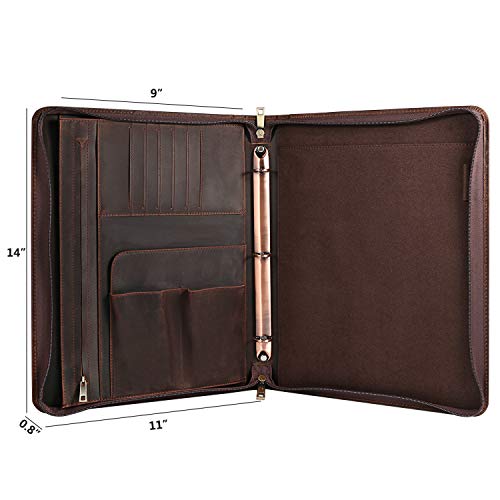 YIWEN Handmade Crazy-Horse Leather 3-Ring Binder Portfolio Vintage Padfolio, Zippered Closure, Business Organizer Tablet Folio Folder,Professional Organizer Gift for Men & Women (Dark Brown, Non-Custom) - Image 2