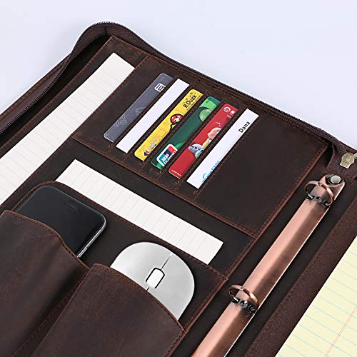 YIWEN Handmade Crazy-Horse Leather 3-Ring Binder Portfolio Vintage Padfolio, Zippered Closure, Business Organizer Tablet Folio Folder,Professional Organizer Gift for Men & Women (Dark Brown, Non-Custom) - Image 3