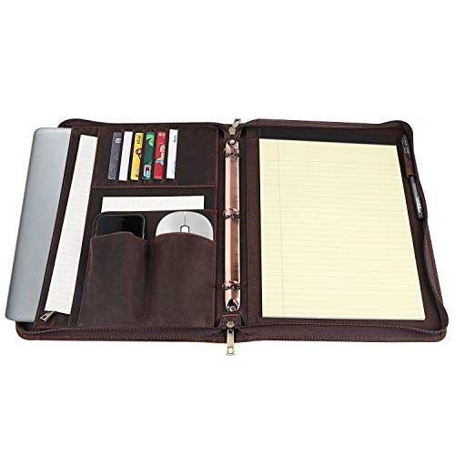 YIWEN Handmade Crazy-Horse Leather 3-Ring Binder Portfolio Vintage Padfolio, Zippered Closure, Business Organizer Tablet Folio Folder,Professional Organizer Gift for Men & Women (Dark Brown, Non-Custom) - Image 4