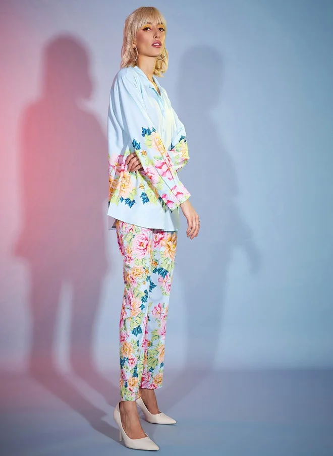 SASSAFRAS Turquoise Blue Floral Print Shirt And Trousers For Women