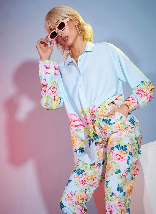 SASSAFRAS Turquoise Blue Floral Print Shirt And Trousers For Women