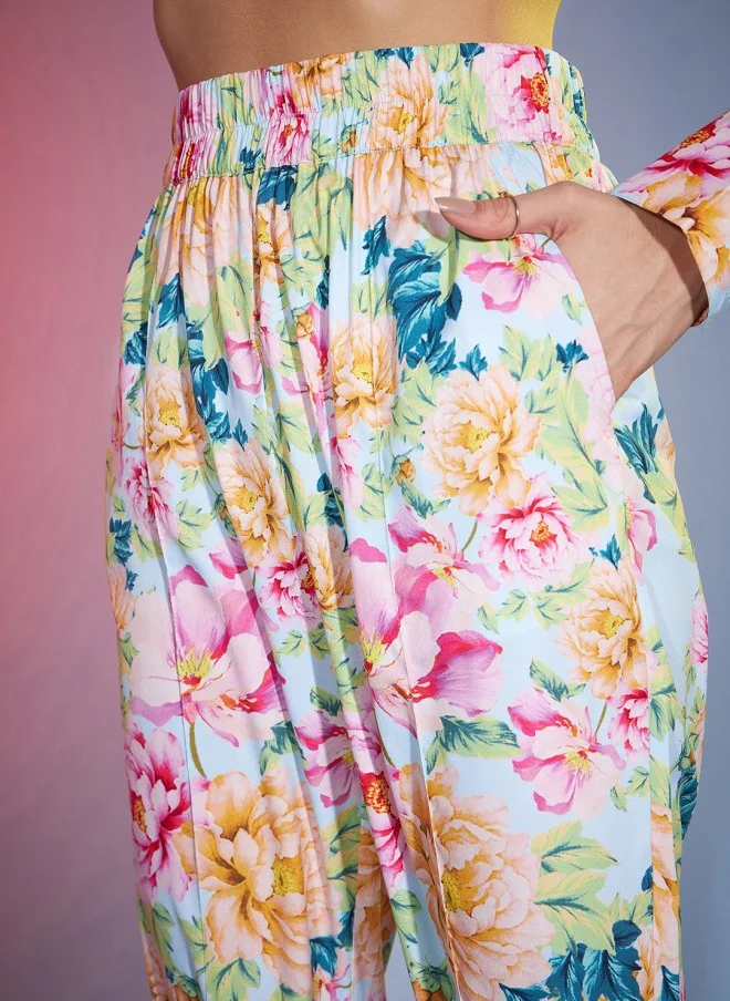 SASSAFRAS Turquoise Blue Floral Print Shirt And Trousers For Women