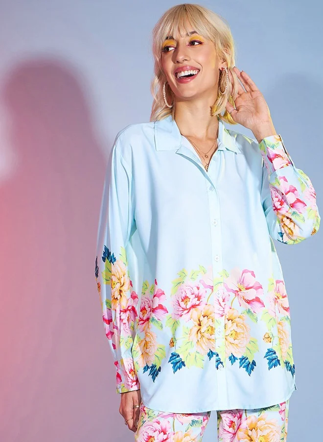 SASSAFRAS Turquoise Blue Floral Print Shirt And Trousers For Women