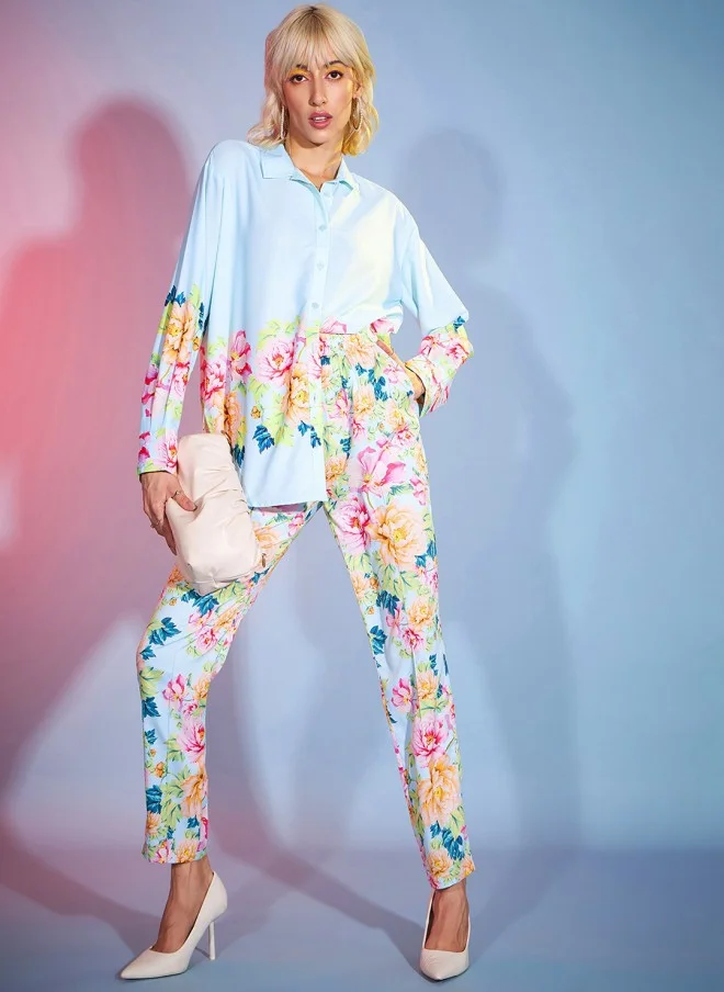 SASSAFRAS Turquoise Blue Floral Print Shirt And Trousers For Women