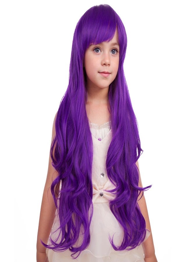 PATTNIUM Kids Purple Wig Long Wavy Purple Wig with Bangs for Child Girls Dark Purle Synthetic Wigs - Image 2