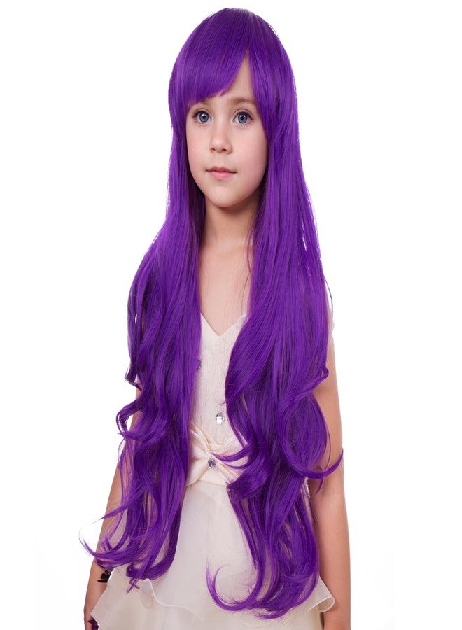 PATTNIUM Kids Purple Wig Long Wavy Purple Wig with Bangs for Child Girls Dark Purle Synthetic Wigs - Image 3