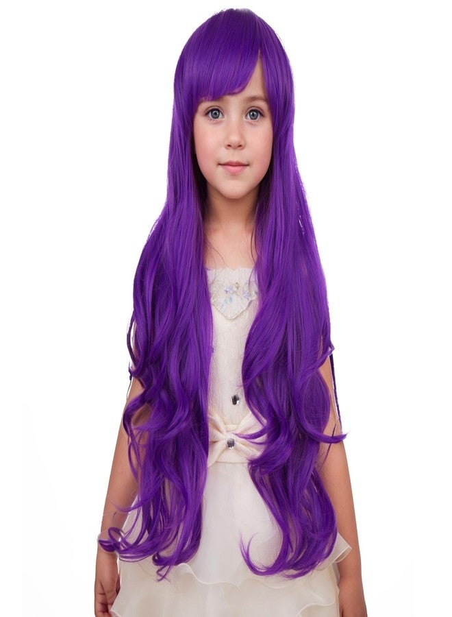 PATTNIUM Kids Purple Wig Long Wavy Purple Wig with Bangs for Child Girls Dark Purle Synthetic Wigs - Image 1