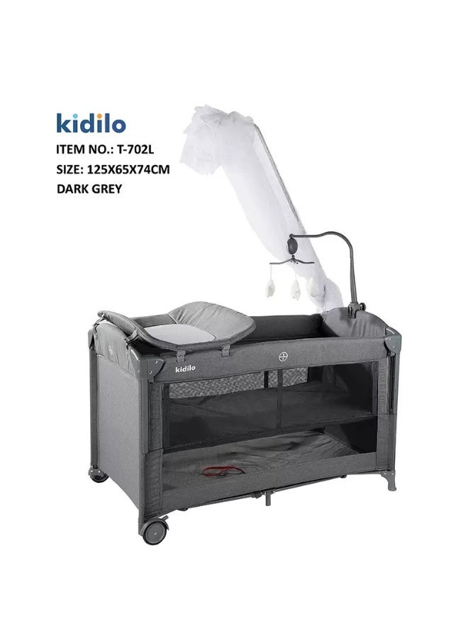 Kidilo سرير أطفال بجانب السرير مع سرير سفر قابل للطي بمستويات مختلفة مع شبكة ضد البعوض وألعاب كود (T702L) باللون الرمادي - Image 1