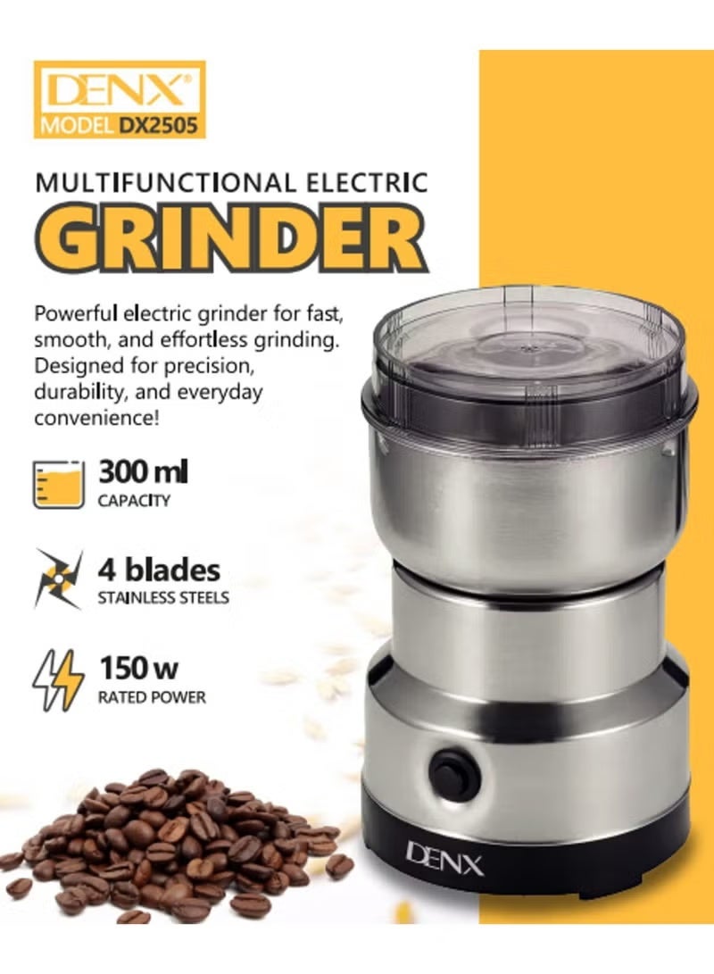 Denx DX2505 Multifunctional Electric Grinder 300ml, 150W Food Chopper with 4 Stainless Steel Blades, Mini Electric Grinder for Coffee, Spices, Nuts, Herbs, Seeds & Kitchen Ingredients - Image 1