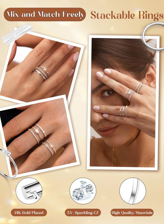 Thunaraz 8Pcs Stackable Rings for Women Non Tarnish 14K Gold Plated Stainless Steel Dainty Rings Set Minimalist Thin Thumb Ring Cubic Zirconia Wave Statement Ring Bands for Women Size 5-10, Metal - Image 3