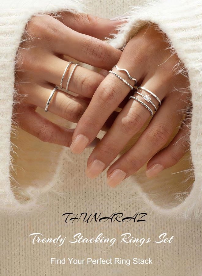 Thunaraz 8Pcs Stackable Rings for Women Non Tarnish 14K Gold Plated Stainless Steel Dainty Rings Set Minimalist Thin Thumb Ring Cubic Zirconia Wave Statement Ring Bands for Women Size 5-10, Metal - Image 4