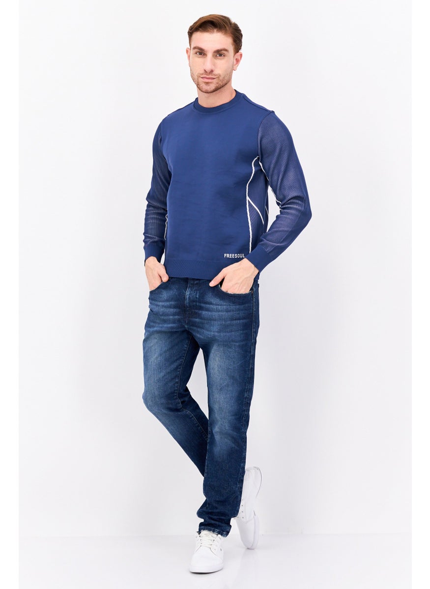 Free Soul Men Crew Neck Long Sleeves Brand Logo Sweatshirt, Navy Blue  - Image 4