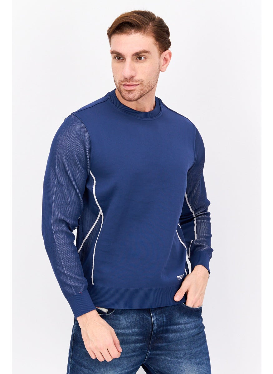 Free Soul Men Crew Neck Long Sleeves Brand Logo Sweatshirt, Navy Blue  - Image 1