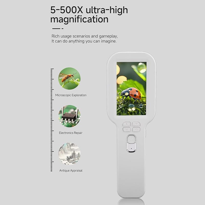 Fockety White Portable Digital Microscope 5X To 500X Zoom Double Lens HD Focus - Image 2