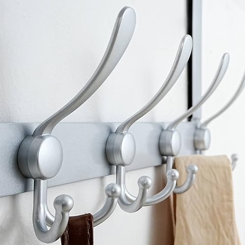 Dseap Over The Door Hook Hanger Fits 1 38 to 1 34 Standard Doors 5 Tri Hooks Heavy Duty TowelCoat Rack Door Organizer for Clothes Jackets Hats Towels Silver - Image 3