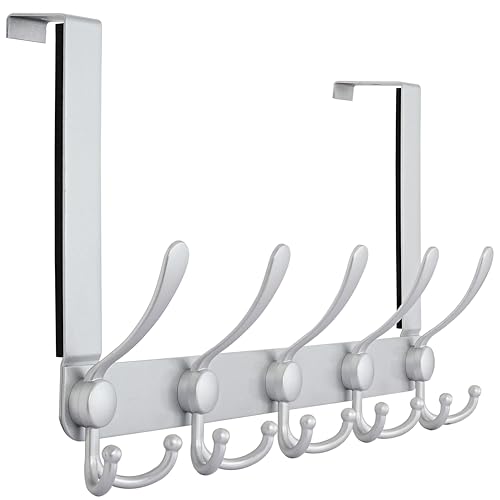 Dseap Over The Door Hook Hanger Fits 1 38 to 1 34 Standard Doors 5 Tri Hooks Heavy Duty TowelCoat Rack Door Organizer for Clothes Jackets Hats Towels Silver - Image 1