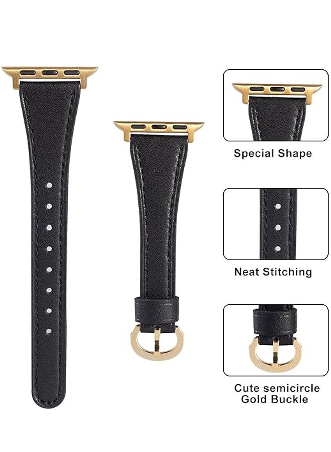 2 Pack Leather Band Strap Compatible with Apple Watch Band 38mm 40mm 41mm 42mm Women Top Grain Genuine Leather Strap Thin Watch Wristband (Black﻿+Brown) - Image 2