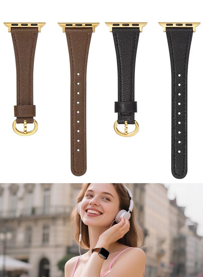 2 Pack Leather Band Strap Compatible with Apple Watch Band 38mm 40mm 41mm 42mm Women Top Grain Genuine Leather Strap Thin Watch Wristband (Black﻿+Brown) - Image 1