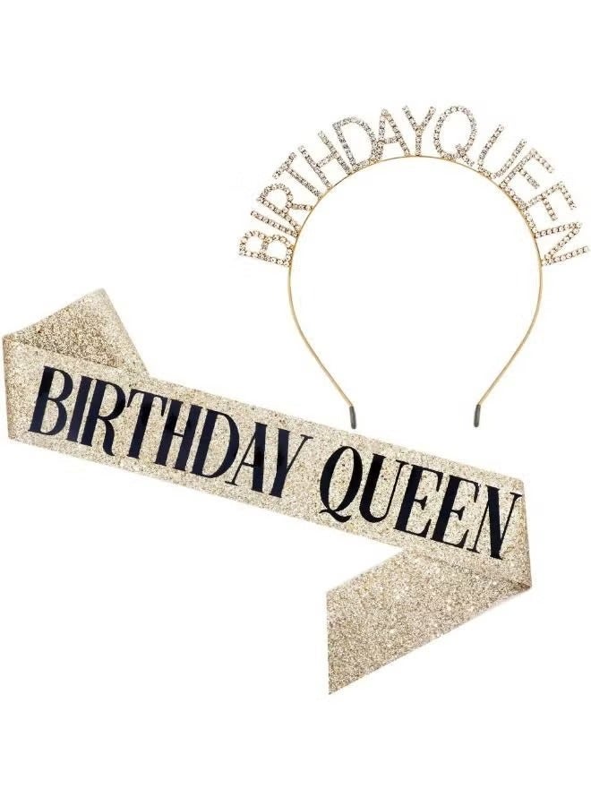 Birthday Queen Sash & Rhinestone Headband Set, Birthday Crowns for Girl, Gold Glitter Birthday Sash Birthday Headband Gifts for Women Birthday Party Supplies - Image 1