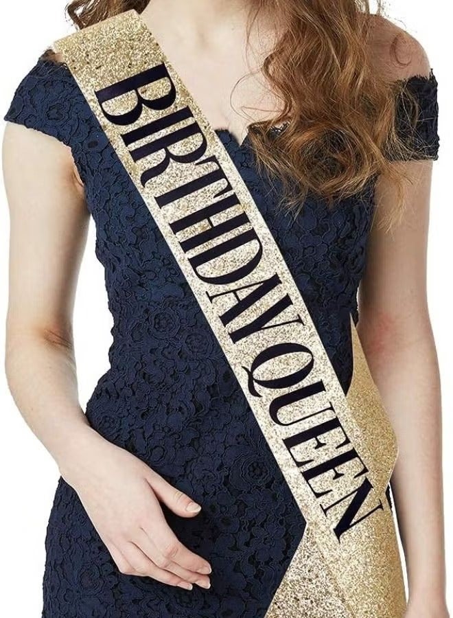 Birthday Queen Sash & Rhinestone Headband Set, Birthday Crowns for Girl, Gold Glitter Birthday Sash Birthday Headband Gifts for Women Birthday Party Supplies - Image 3