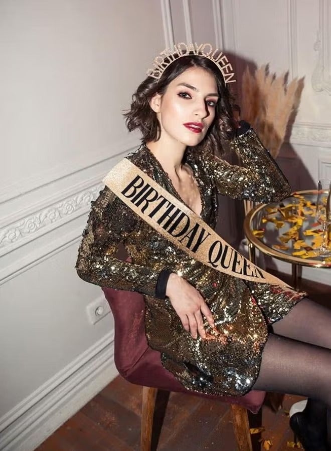 Birthday Queen Sash & Rhinestone Headband Set, Birthday Crowns for Girl, Gold Glitter Birthday Sash Birthday Headband Gifts for Women Birthday Party Supplies - Image 5