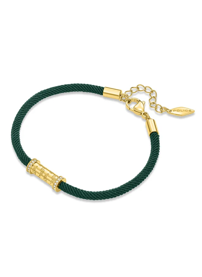 POLICE Gold-Plated Monogram Cylindrical Charm with Crystals and Vibrant Green Cord Bracelet for women
