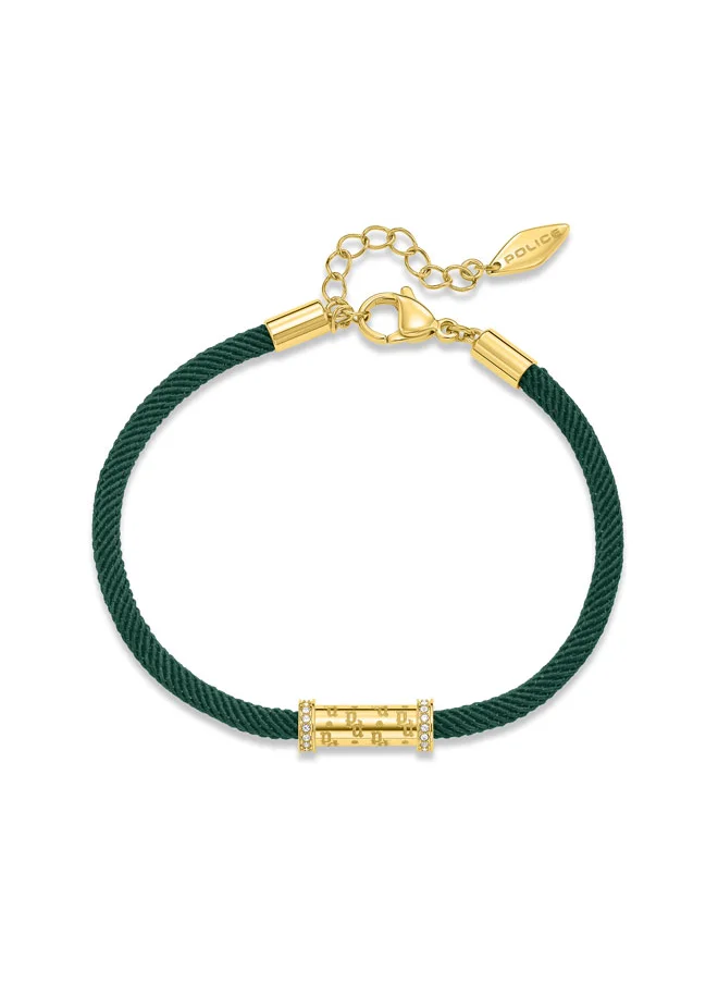 POLICE Gold-Plated Monogram Cylindrical Charm with Crystals and Vibrant Green Cord Bracelet for women