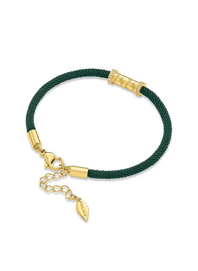 POLICE Gold-Plated Monogram Cylindrical Charm with Crystals and Vibrant Green Cord Bracelet for women
