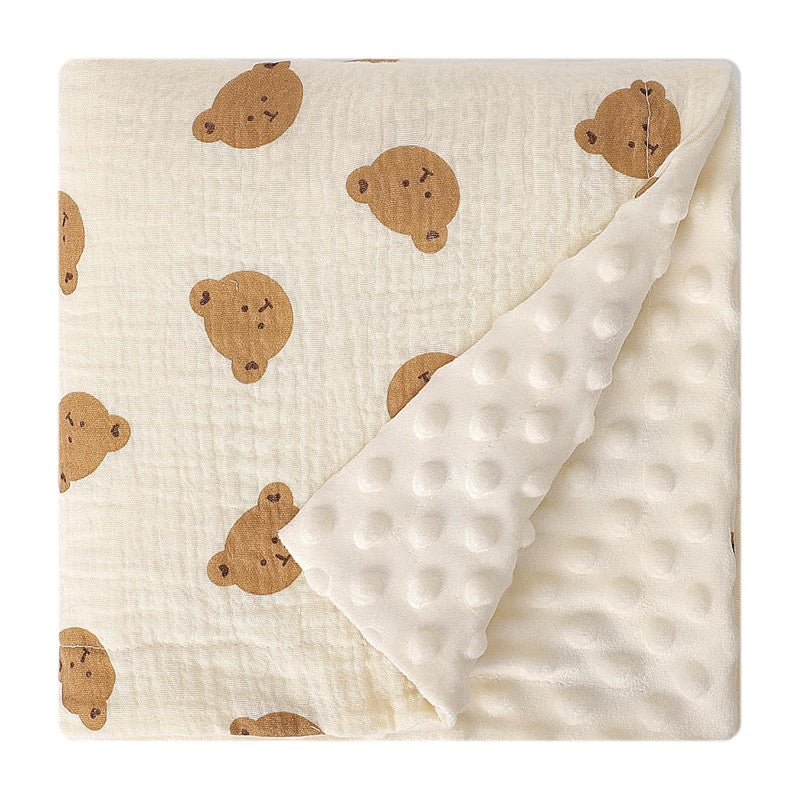 Knirose FluffyBacked Swaddle Blankets Baby Double Layer Muslin 100 Cotton Front Nursery Plush Dotted Fleece Back Receiving Bed Quilt Blanket for Unisex Newborn Baby Toddler Boys Girls 30 x 41 Inches - Image 1