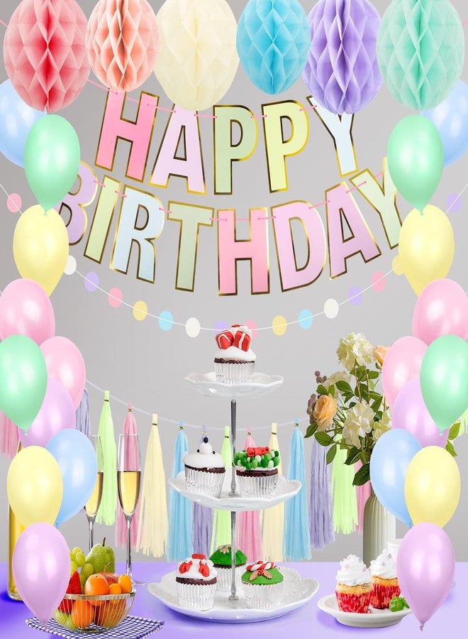Marwey Pastel Birthday Decorations for Girls Women, Happy Birthday Banner with Honeycomb Balls, Tassel & Circle Dots Garland, Balloons for Rainbow Spring Party Decorations Supplies - Image 3